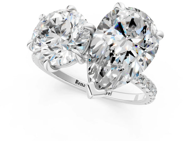 Platinum Round and Pear Toi Moi Ring with Prong Setting and Pave Band