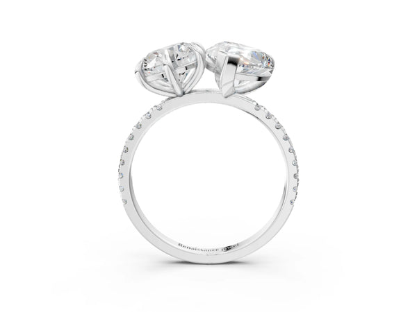 Platinum Round and Pear Toi Moi Ring with Prong Setting and Pave Band
