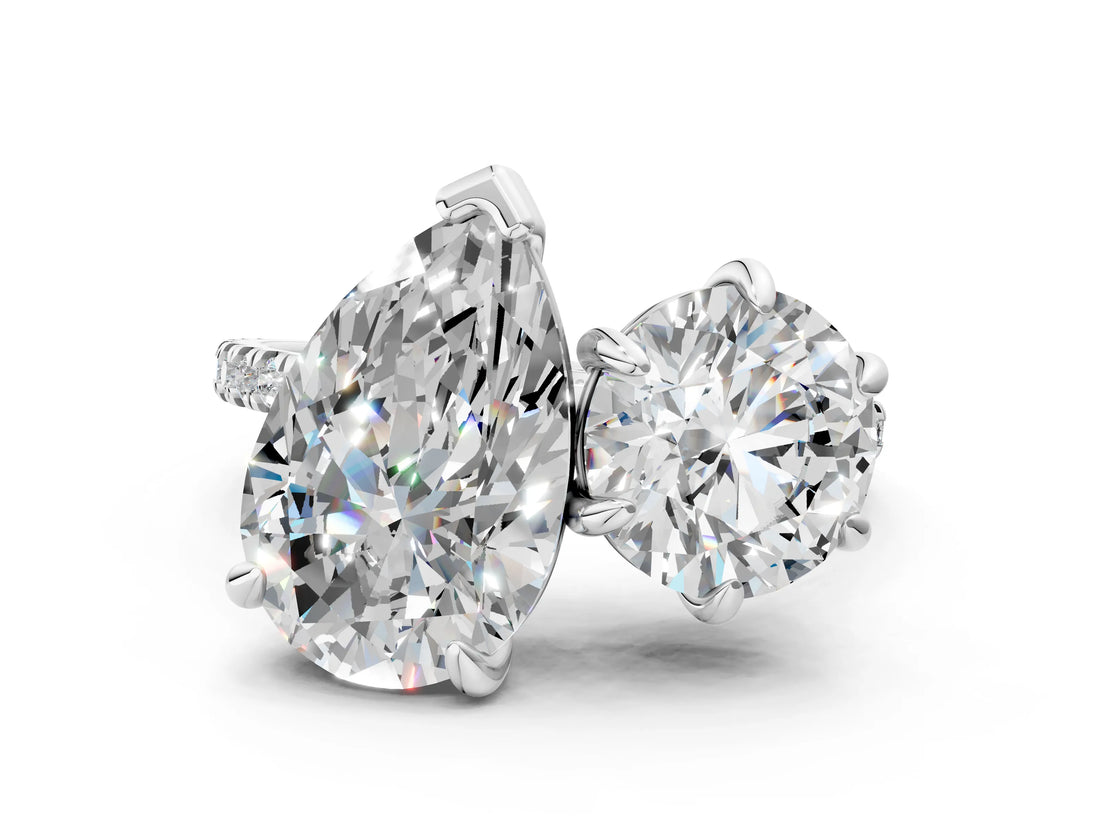 Platinum Round and Pear Toi Moi Ring with Prong Setting and Pave Band