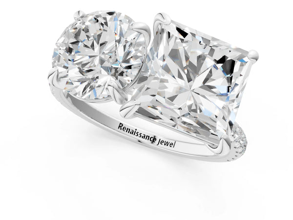 Platinum Round and Princess Toi Moi Ring with Prong Setting and Pave Band