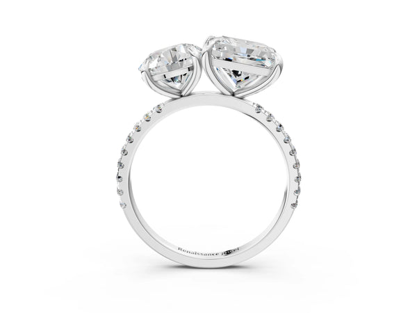 Platinum Round and Princess Toi Moi Ring with Prong Setting and Pave Band