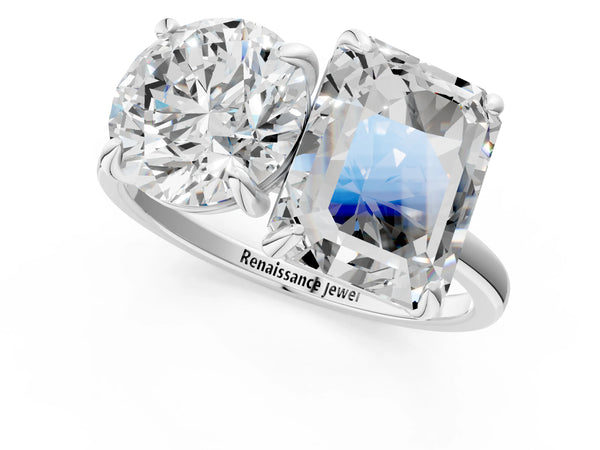Platinum Round and Radiant Toi Moi Ring with Prong Setting and Plain Band