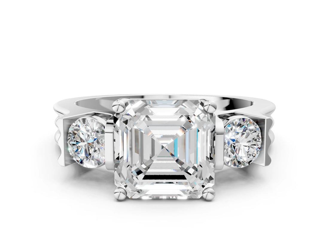 Platinum Three-Stone Asscher Cut Cut Classic Band Prong Setting Ring_7