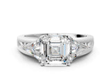 Platinum Three-Stone Asscher Cut Cut Diamond Ring with Trillion Side Stones on a Split Shank Band_13