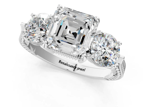 Platinum Asscher Cut Vintage Three Stone Engagement Ring Setting
