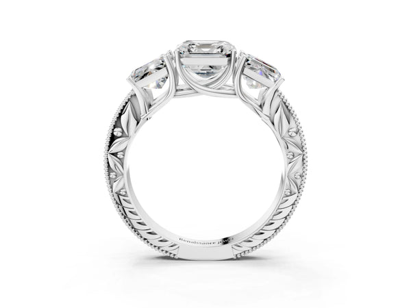 Platinum Asscher Cut Vintage Three Stone Engagement Ring Setting with Milgrain Pave Band