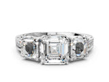 Platinum Three-Stone Asscher Cut Cut Milgrain Pavé Engagement Ring_7