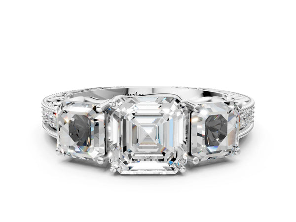 Platinum Asscher Cut Vintage Three Stone Engagement Ring Setting with Milgrain Pave Band