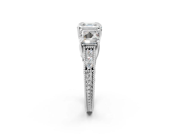 Platinum Asscher Cut Vintage Three Stone Engagement Ring Setting with Milgrain Pave Band