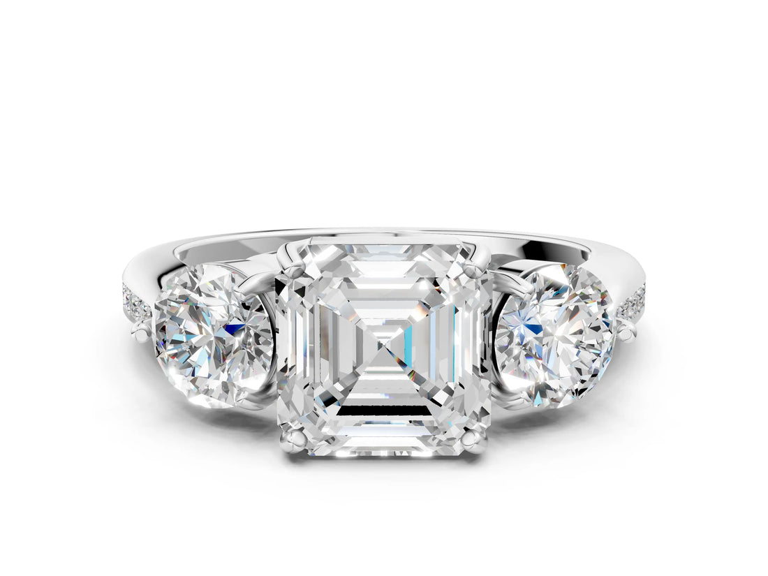 Platinum Three-Stone Asscher Cut Diamond Channel Set Engagement Ring with Prong Setting_7