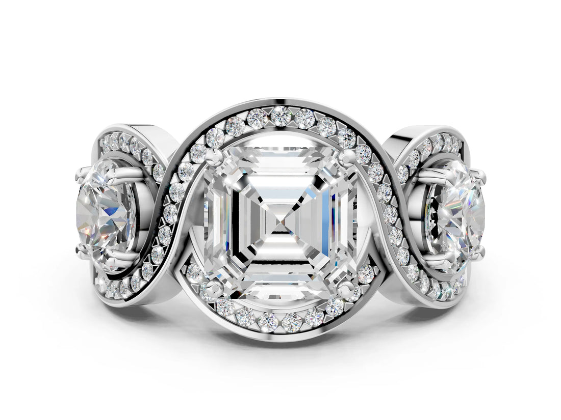 Platinum Three-Stone Asscher Cut Diamond Wave Pave Band with Prong Setting_13