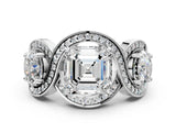 Platinum Three-Stone Asscher Cut Diamond Wave Pave Band with Prong Setting_13