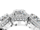 Platinum Three-Stone Asscher Cut Halo Diamond Milgrain Band with Four-Prong Setting_11