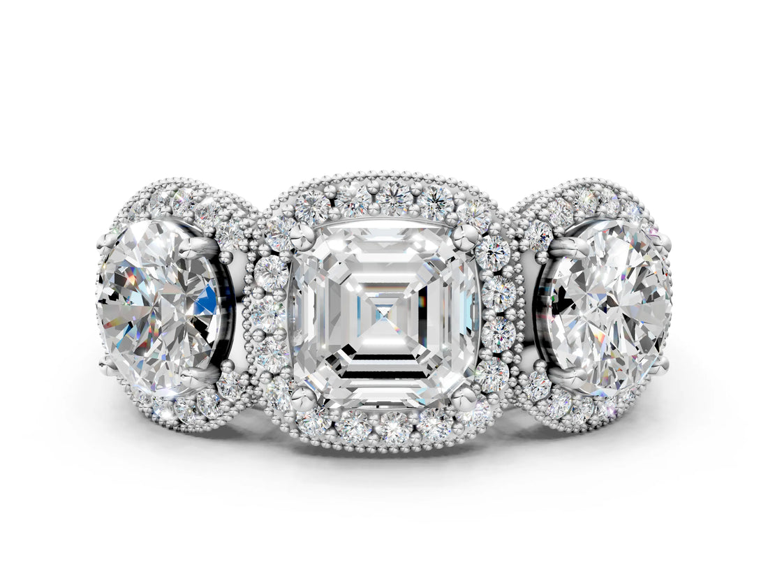 Platinum Three-Stone Asscher Cut Halo Diamond Milgrain Band with Four-Prong Setting_7
