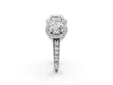 Platinum Three-Stone Asscher Cut Halo Diamond Milgrain Band with Four-Prong Setting_9