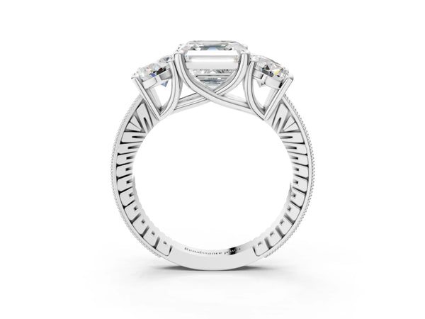 Platinum Asscher Cut Three-Stone Vintage Engagement Ring Setting with Graduated Milgrain Pave Band