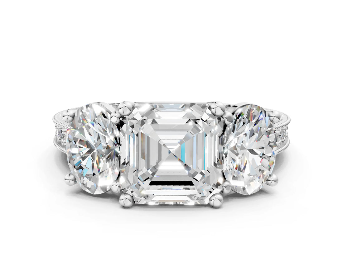 Platinum Three-Stone Asscher Diamond Milgrain Pave Band with Prong Setting