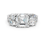 Platinum Three-Stone Asscher Diamond Milgrain Pave Band with Prong Setting