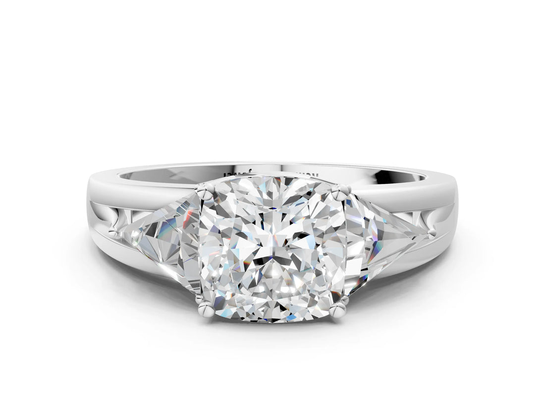 Platinum Three-Stone Cushion Cut Cut Diamond Ring with Trillion Side Stones on a Split Shank Band_13