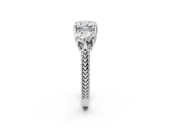 Platinum Cushion Cut Vintage Three Stone Engagement Ring Setting