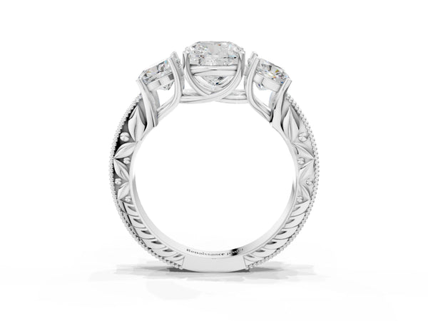Platinum Cushion Cut Vintage Three Stone Engagement Ring Setting with Milgrain Pave Band
