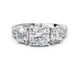 Platinum Three-Stone Cushion Cut Cut Milgrain Pavé Engagement Ring_7