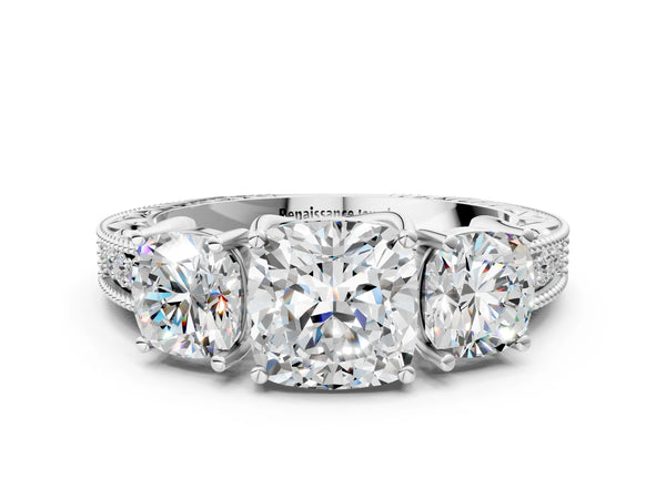 Platinum Cushion Cut Vintage Three Stone Engagement Ring Setting with Milgrain Pave Band