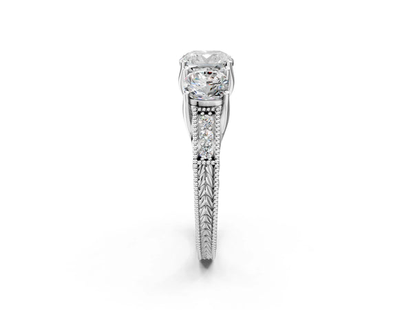Platinum Cushion Cut Vintage Three Stone Engagement Ring Setting with Milgrain Pave Band