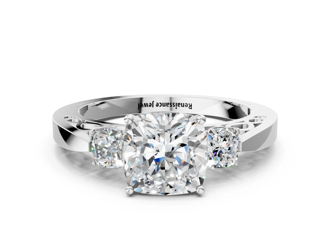 Platinum Three-Stone Cushion Cut Diamond Cathedral Engagement Ring with Prong Setting_6