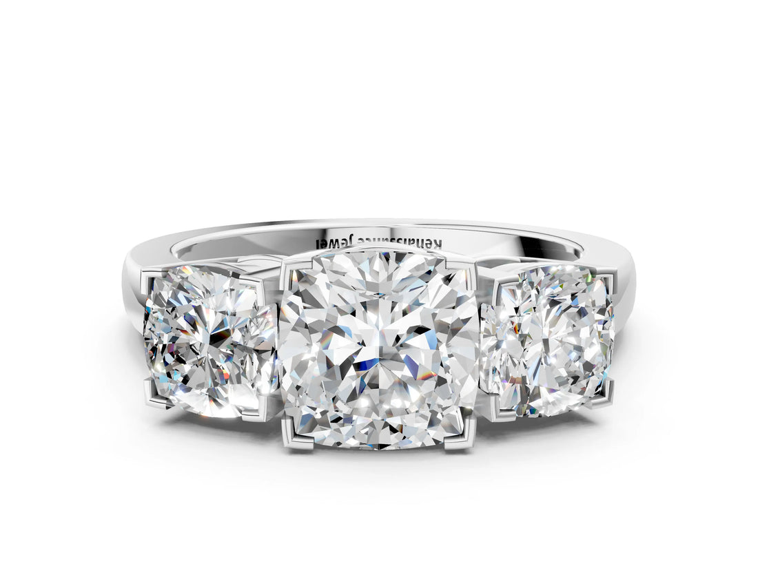 Platinum Three-Stone Cushion Cut Diamond Ring with Channel Set Band and Four-Prong Setting_18
