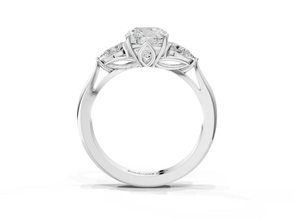 Platinum Cushion Cut Three Stone Engagement Ring Setting with Pear Side Stones and Thin Band