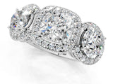 Platinum Three-Stone Cushion Cut Halo Diamond Milgrain Band with Four-Prong Setting_8