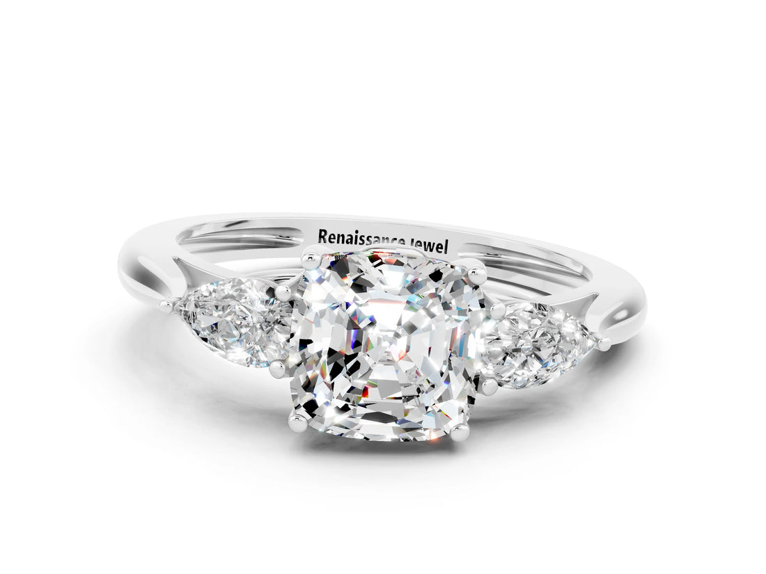 Platinum Three-Stone Cushion Cut Moissanite Ring with Pear  Side Stones in Four-Prong Setting_54