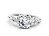 Platinum Three-Stone Cushion Cut Moissanite Ring with Pear  Side Stones in Four-Prong Setting_54