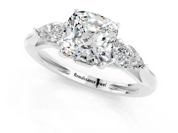 Platinum Three-Stone Cushion Cut Moissanite Ring with Pear  Side Stones in Four-Prong Setting