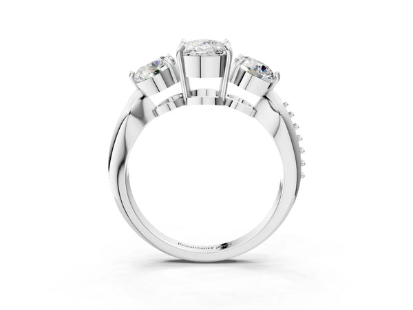 Platinum Cushion Cut Three Stone Engagement Ring Setting with Tapered Pave Band