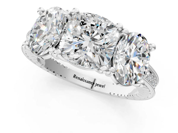 Platinum Cushion Cut Three-Stone Vintage Engagement Ring Setting with Graduated Milgrain Pave Band