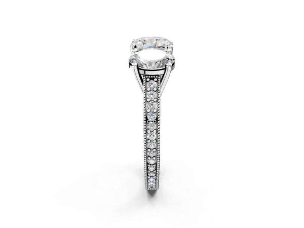 Platinum Cushion Cut Three-Stone Vintage Engagement Ring Setting with Graduated Milgrain Pave Band