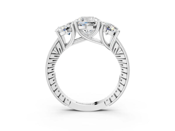 Platinum Cushion Cut Three-Stone Vintage Engagement Ring Setting with Graduated Milgrain Pave Band