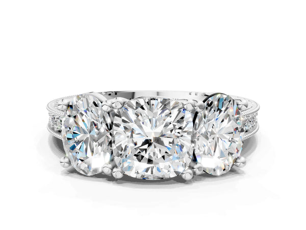 Platinum Cushion Cut Three-Stone Vintage Engagement Ring Setting with Graduated Milgrain Pave Band