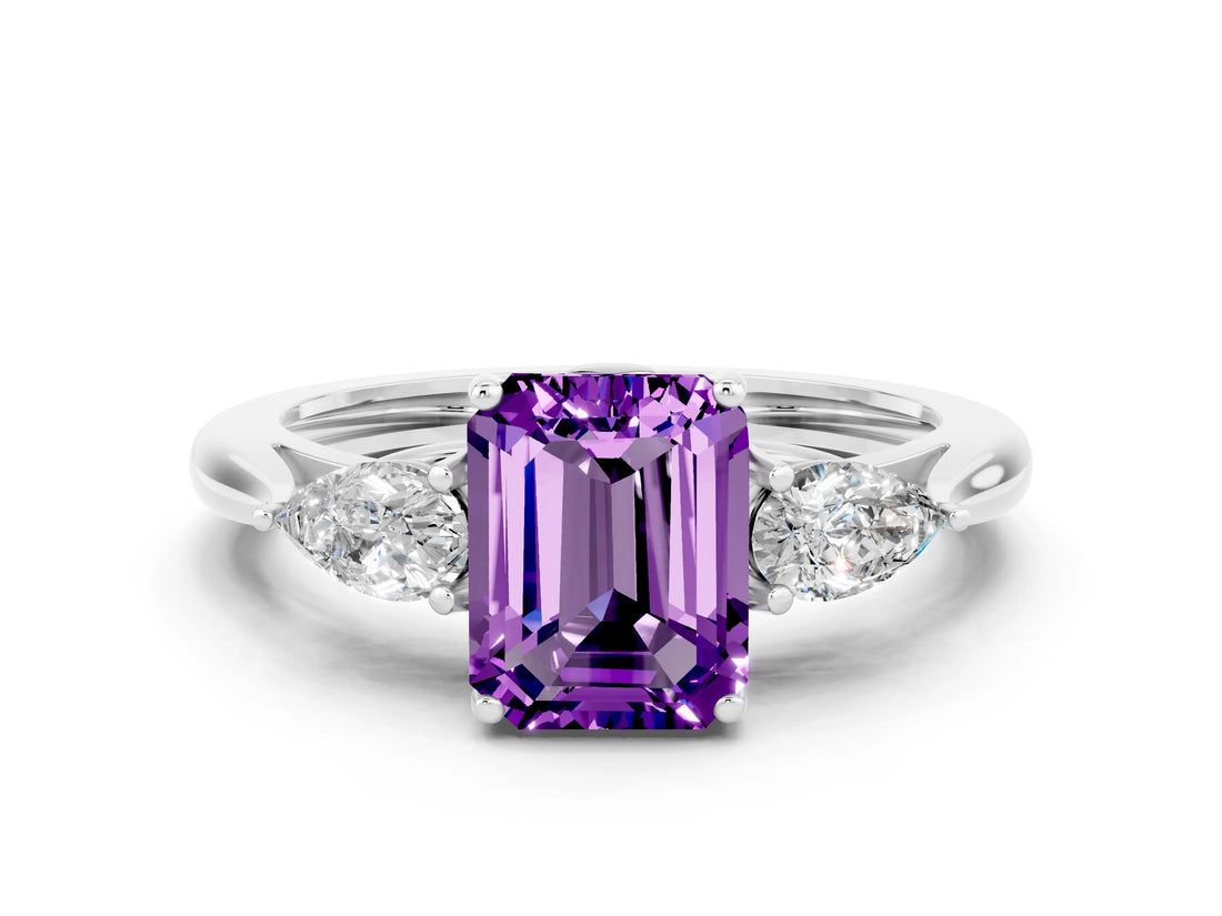 Platinum Three-Stone Emerald Cut Amethyst Ring with Pear  Side Stones in Four-Prong Setting_54
