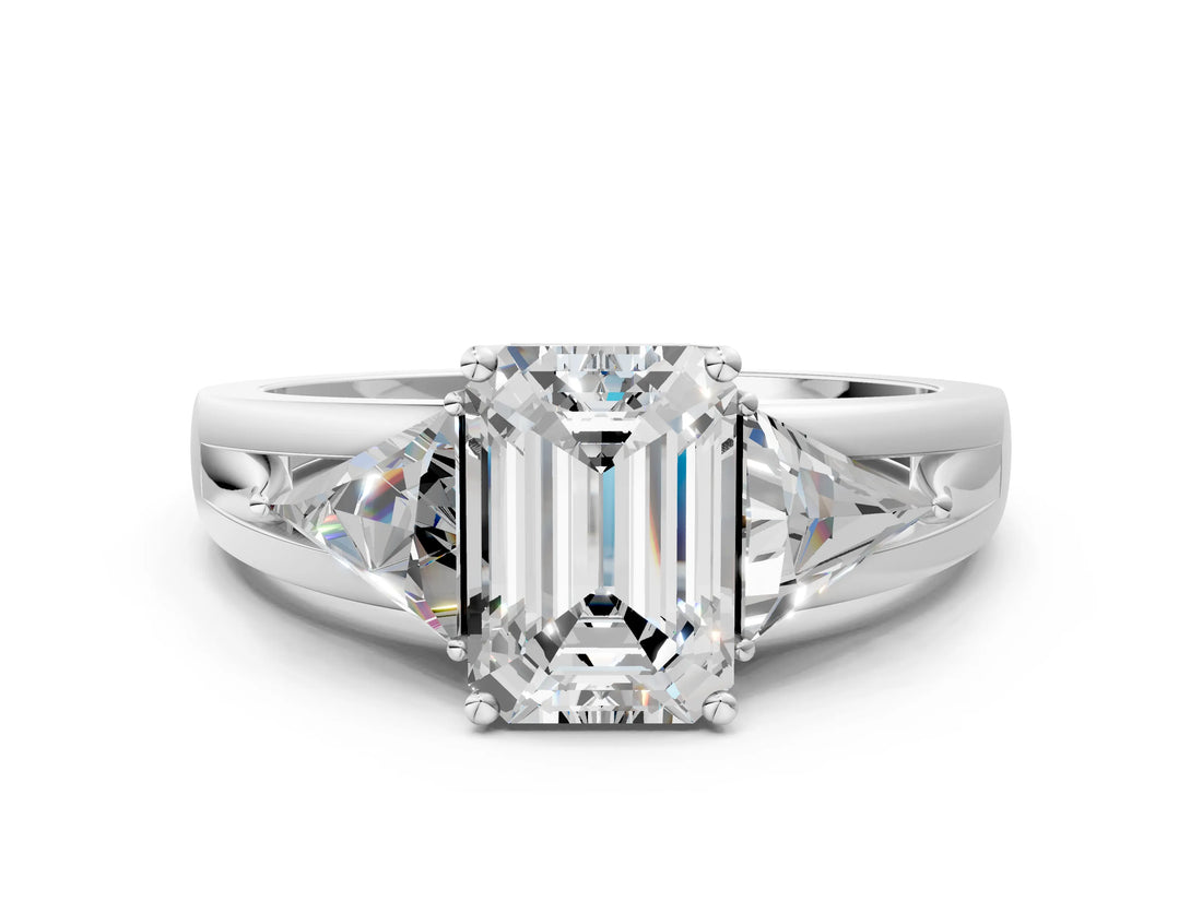 Platinum Three-Stone Emerald Cut Cut Diamond Ring with Trillion Side Stones on a Split Shank Band_13