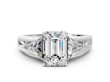 Platinum Three-Stone Emerald Cut Cut Diamond Ring with Trillion Side Stones on a Split Shank Band_13