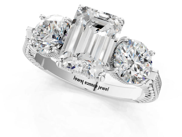 Platinum Emerald Cut Vintage Three Stone Engagement Ring Setting