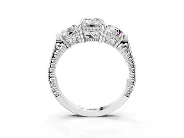 Platinum Emerald Cut Vintage Three Stone Engagement Ring Setting