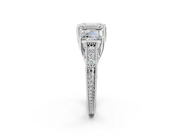 Platinum Emerald Cut Vintage Three Stone Engagement Ring Setting with Milgrain Pave Band