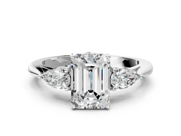 Platinum Emerald Cut Three Stone Engagement Ring Setting with Pear Side Stones and Thin Band