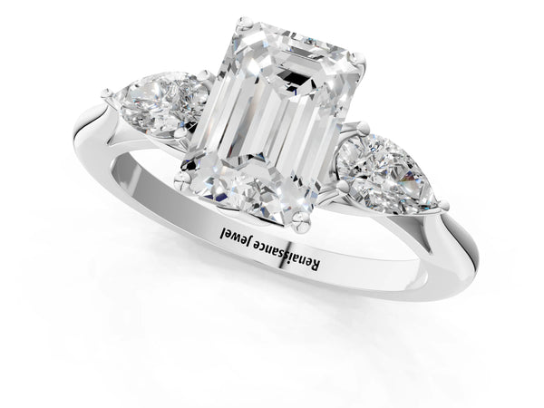 Platinum Emerald Cut Three Stone Engagement Ring Setting with Pear Side Stones and Thin Band