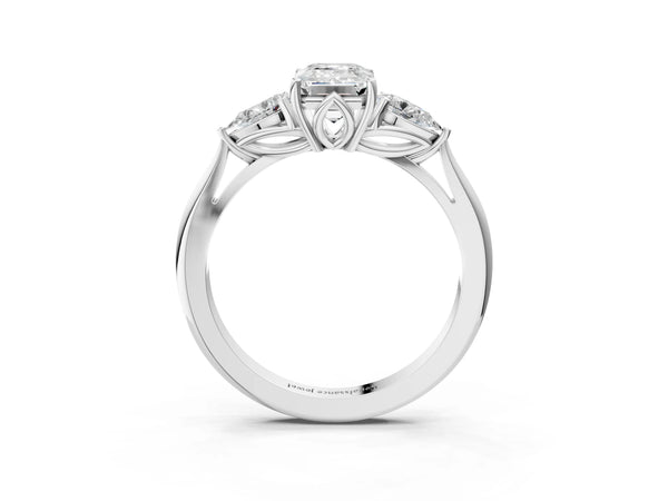 Platinum Emerald Cut Three Stone Engagement Ring Setting with Pear Side Stones and Thin Band