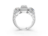 Platinum Three-Stone Emerald Cut Halo Diamond Milgrain Band with Four-Prong Setting_10